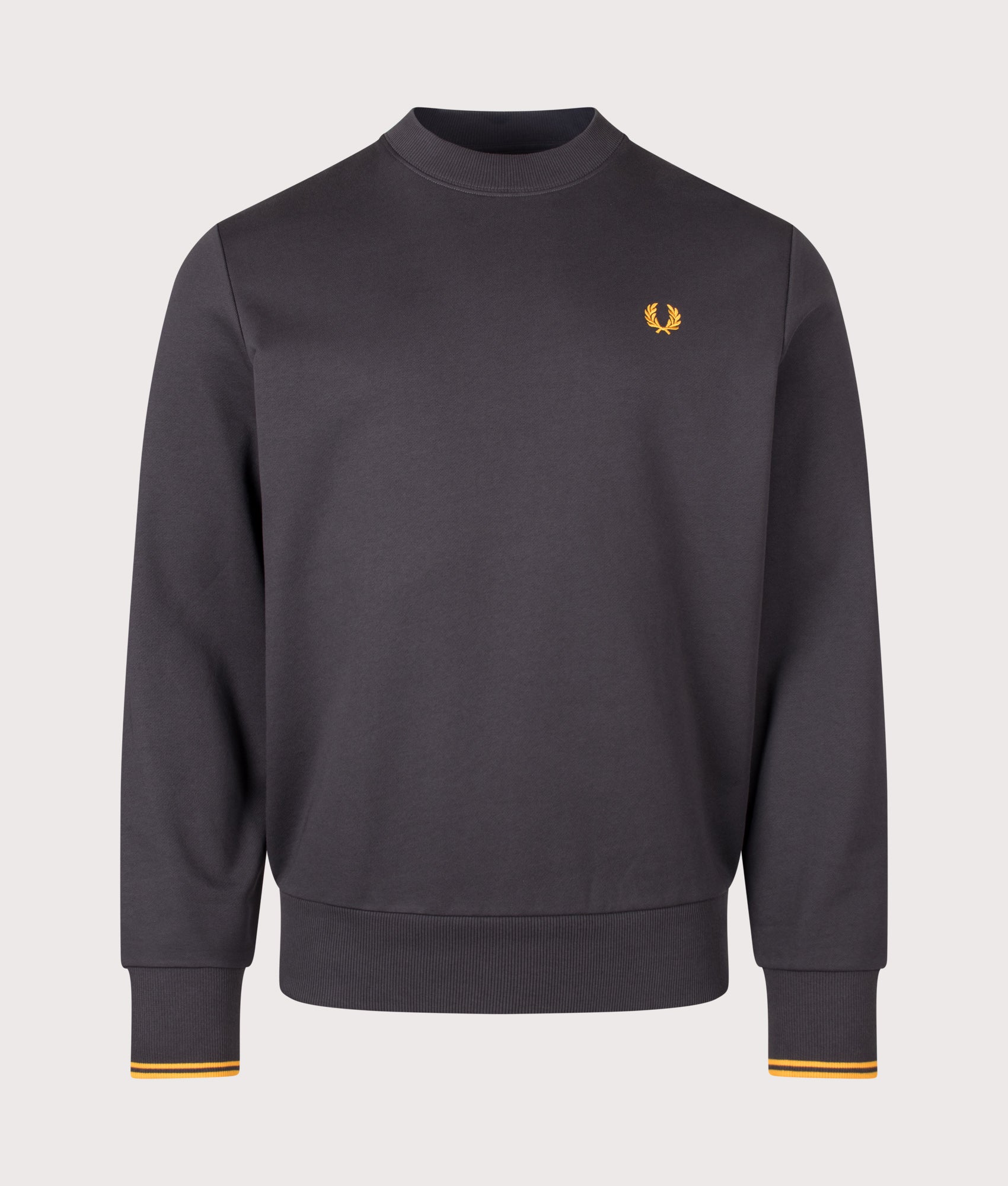 Fred Perry Regular Fit Crew Neck Sweatshirt in Anchor Grey and Golden at EQVVS Menswear. Front shot.