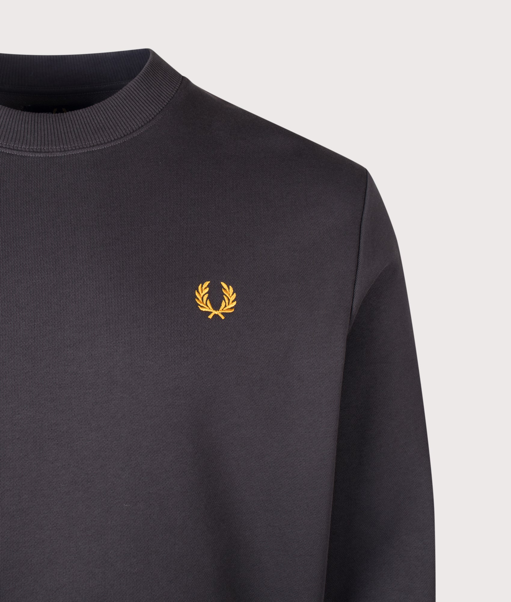 Fred Perry Regular Fit Crew Neck Sweatshirt in Anchor Grey and Golden at EQVVS Menswear. Detail shot.
