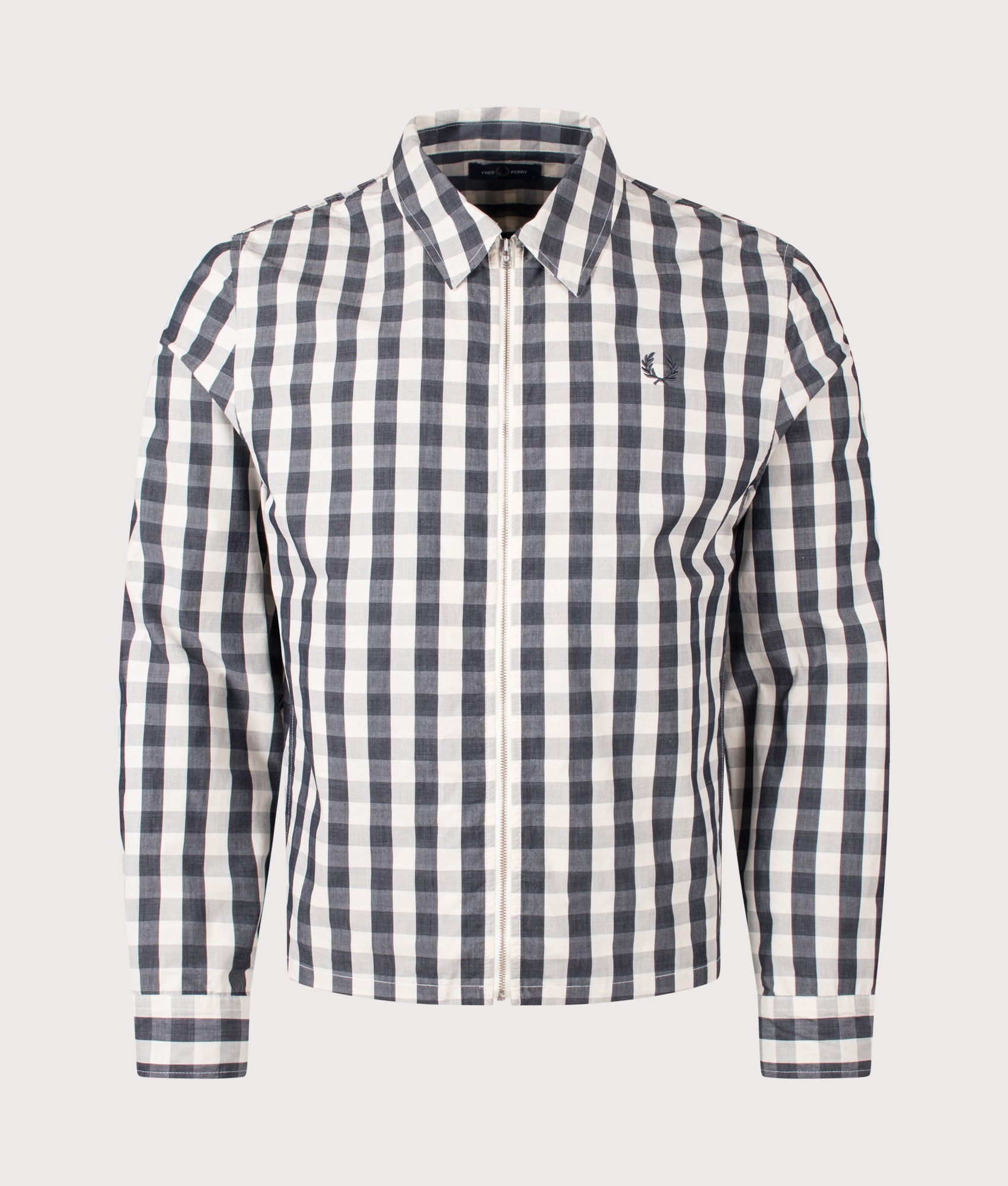 Fred Perry Poplin check Overshirt in Butter Cream at EQVVS Menswear. Front shot.