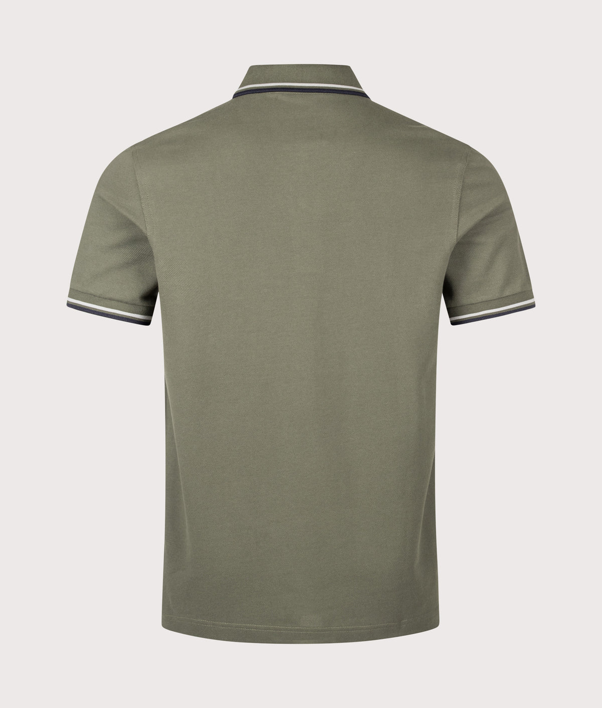 Fred Perry Twin Tipped Polo Shirt in Laurel Wreath Green, Slate and Navy at EQVVS Menswear. Back shot.