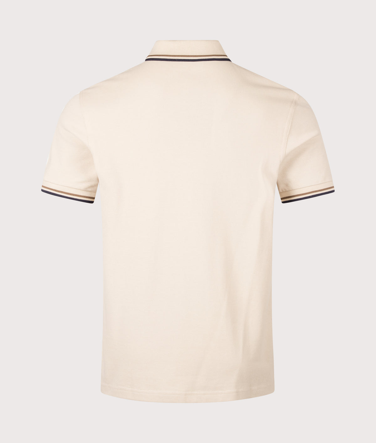 Fred Perry Twin Tipped Polo Shirt in Oatmeal, Bronze and Navy at EQVVS Menswear. Back shot.