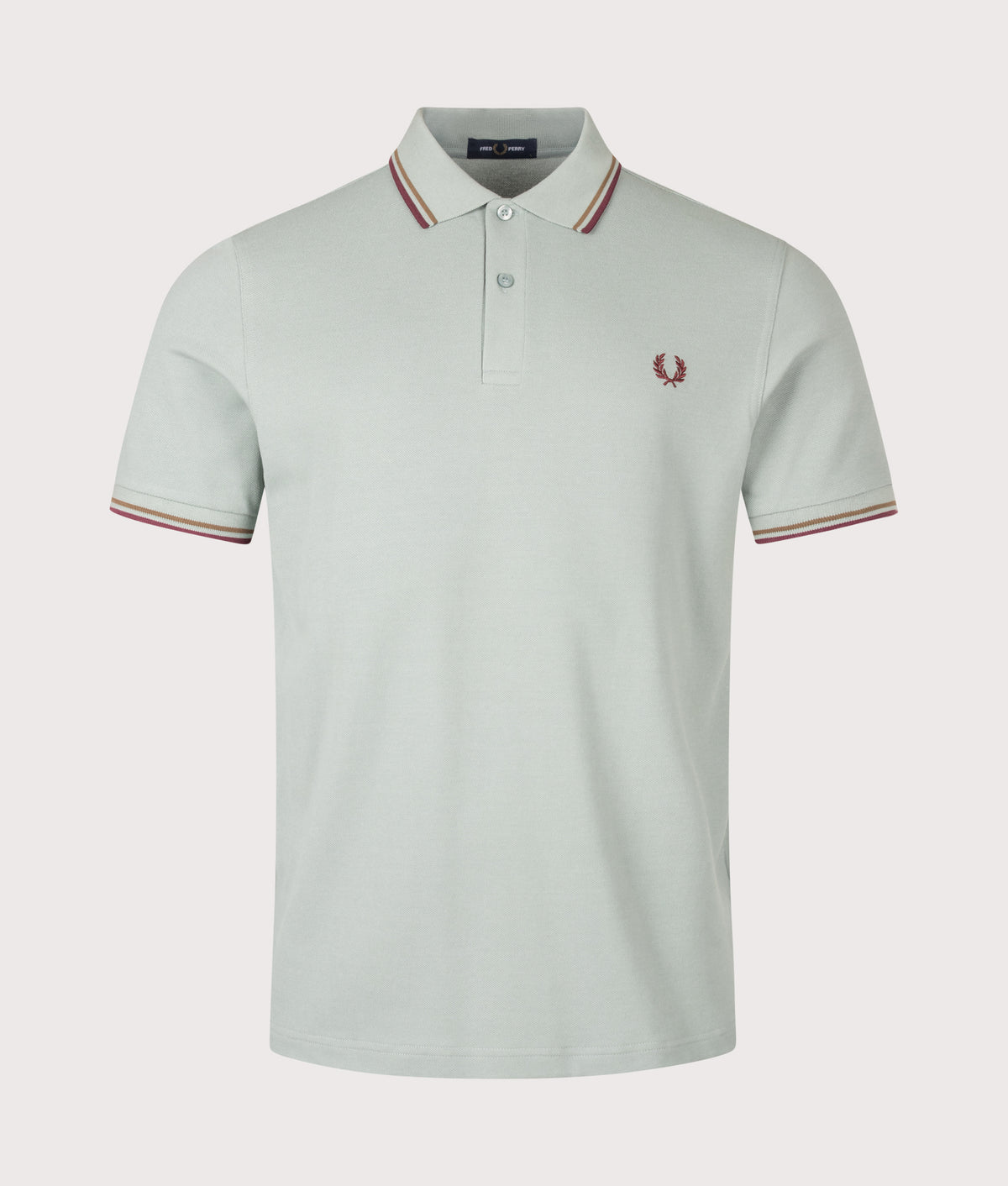 Fred Perry Twin Tipped Polo Shirt in Silver Blue, Bronze and Oxblood at EQVVS Menswear. Front shot.
