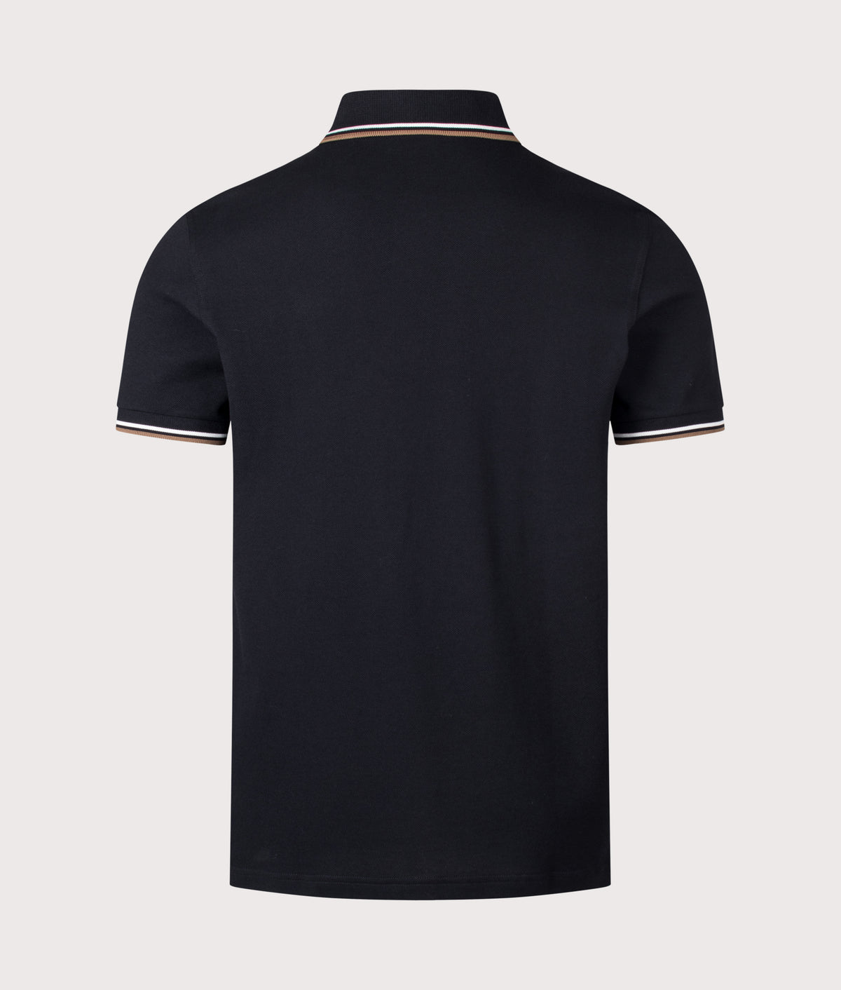 Fred Perry Twin Tipped Polo Shirt in Black, Snow White and Bronze at EQVVS Menswear. Back shot.