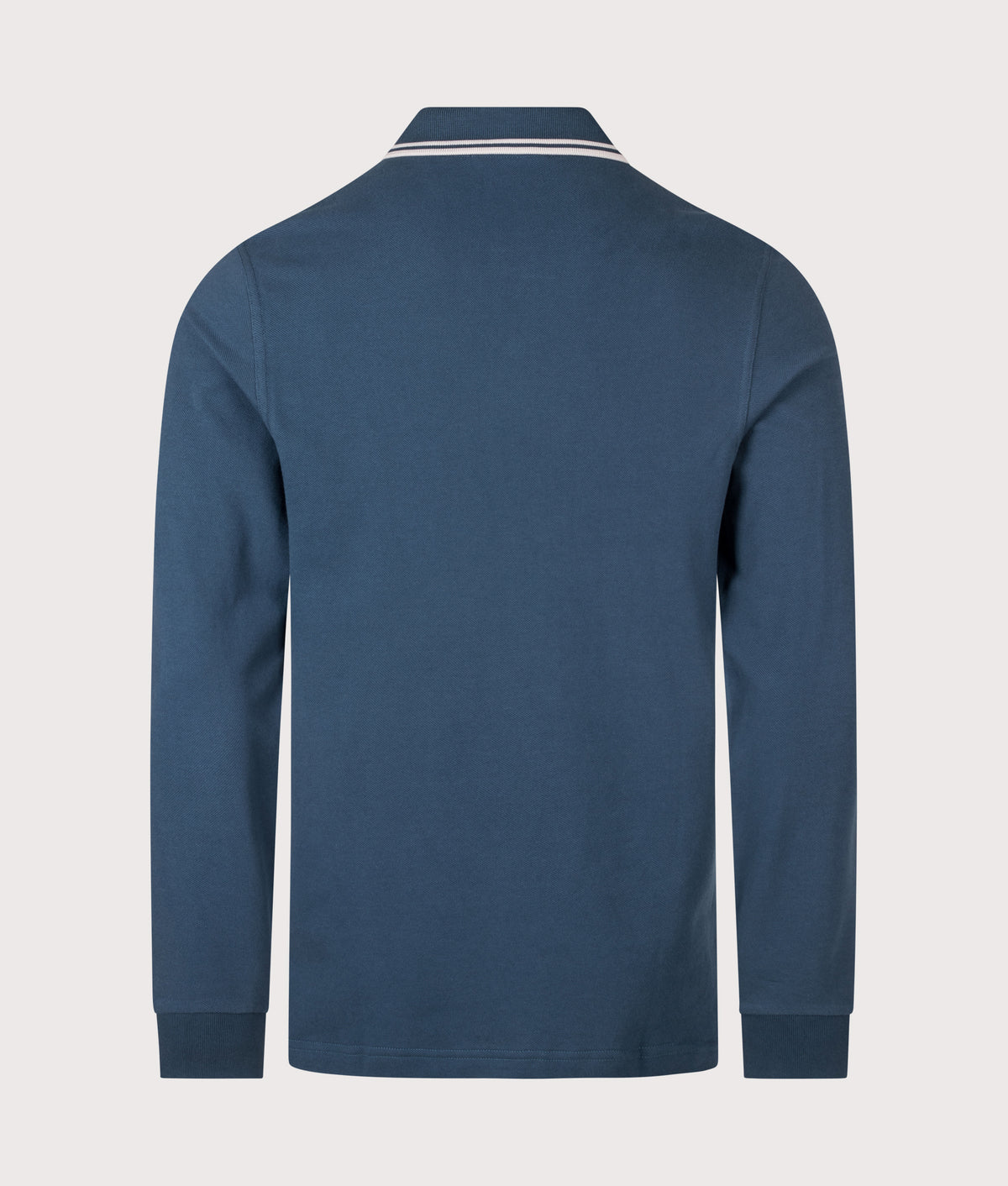 Fred Perry Regular Fit Long Sleeve Twin Tipped Polo Shirt in Mod Blue and Slate at EQVVS Menswear. Back shot.