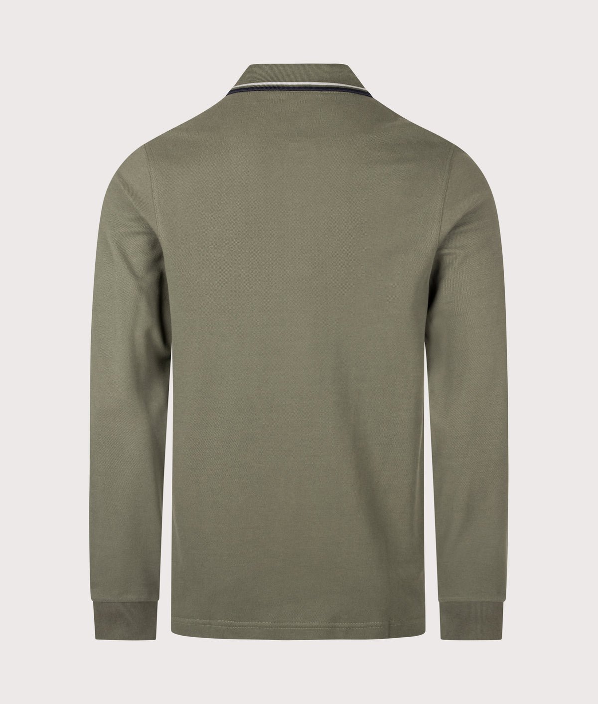 Fred Perry Regular Fit Long Sleeve Twin Tipped Polo Shirt in Laurel Wreath Green, Slate and Navy at EQVVS Menswear. Back shot.