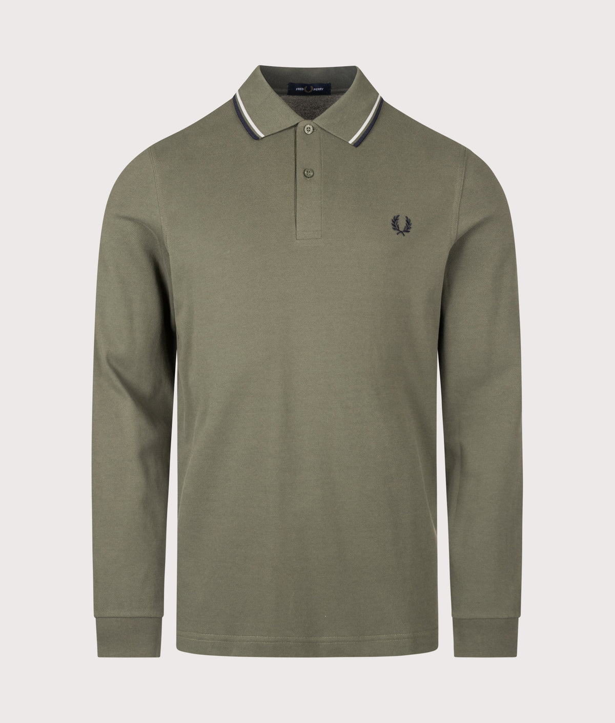 Fred Perry Regular Fit Long Sleeve Twin Tipped Polo Shirt in Laurel Wreath Green, Slate and Navy at EQVVS Menswear. Front shot.