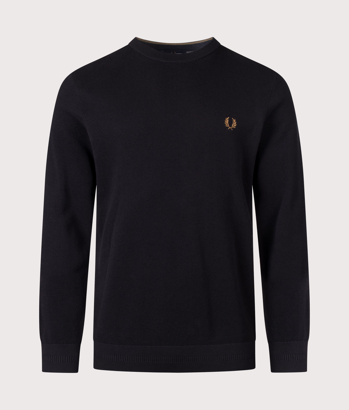 Fred Perry Regular Fit Piqué Stitch Jumper in Black at EQVVS Menswear. Front shot.