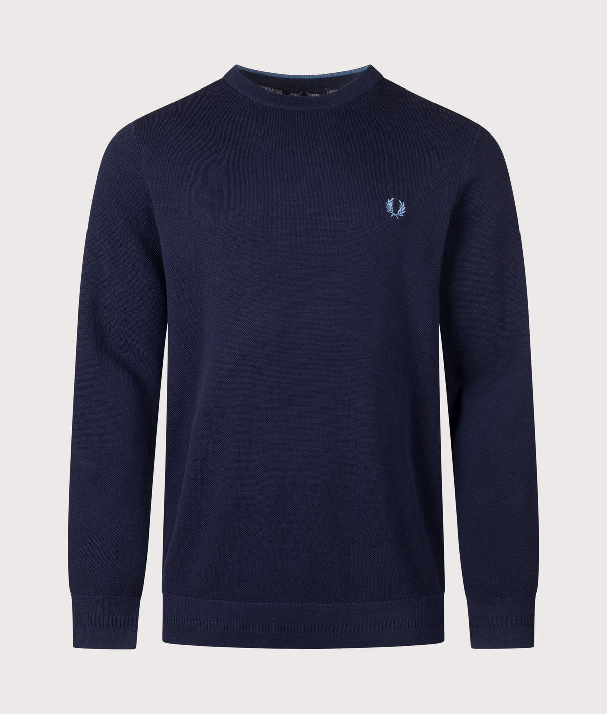 Fred Perry Regular Fit Piqué Stitch Jumper in Twilight Navy at EQVVS Menswear. Front shot.