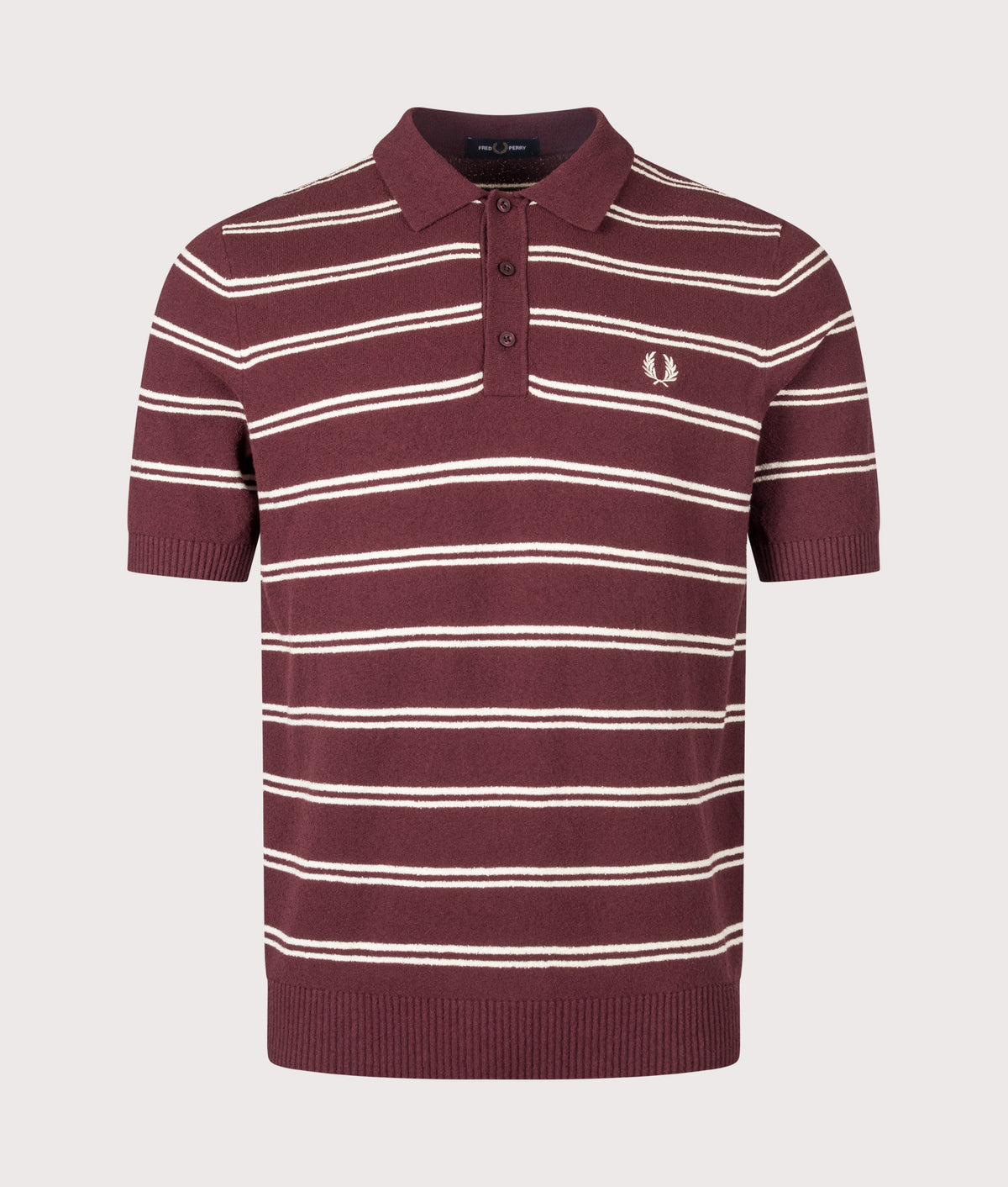 Fred Perry Regular Fit Boucle Stripe Knitted Shirt in Oxblood at EQVVS Menswear. Front shot.