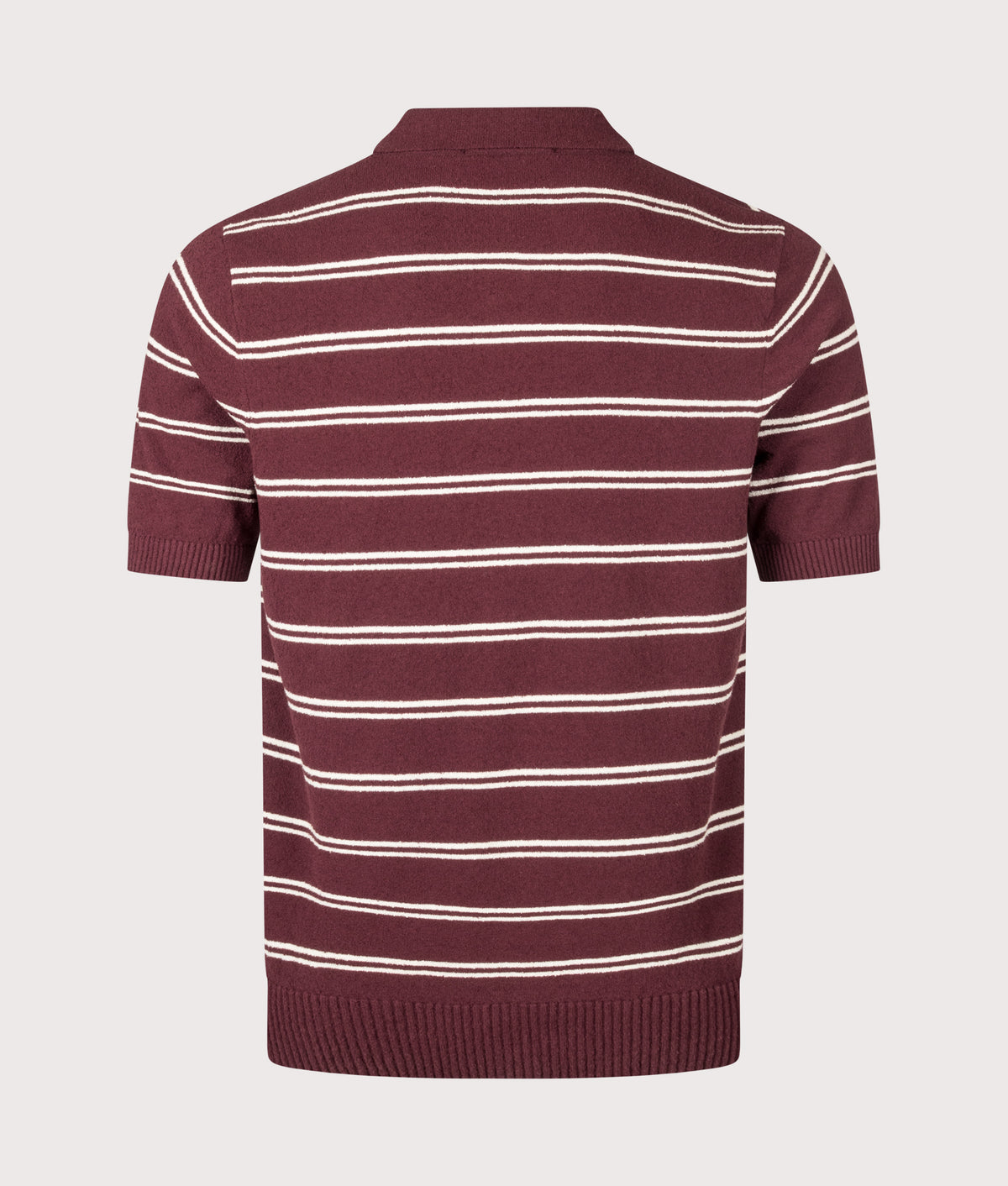 Fred Perry Regular Fit Boucle Stripe Knitted Shirt in Oxblood at EQVVS Menswear. Back shot.
