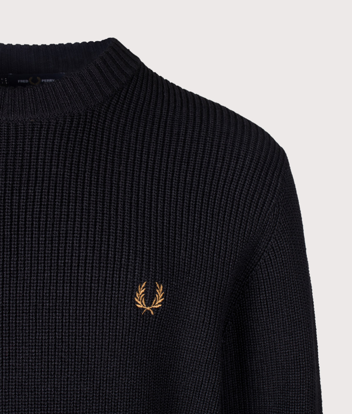 Fred Perry Regular Fit Fisherman Jumper in Black at EQVVS Menswear. Detail shot.