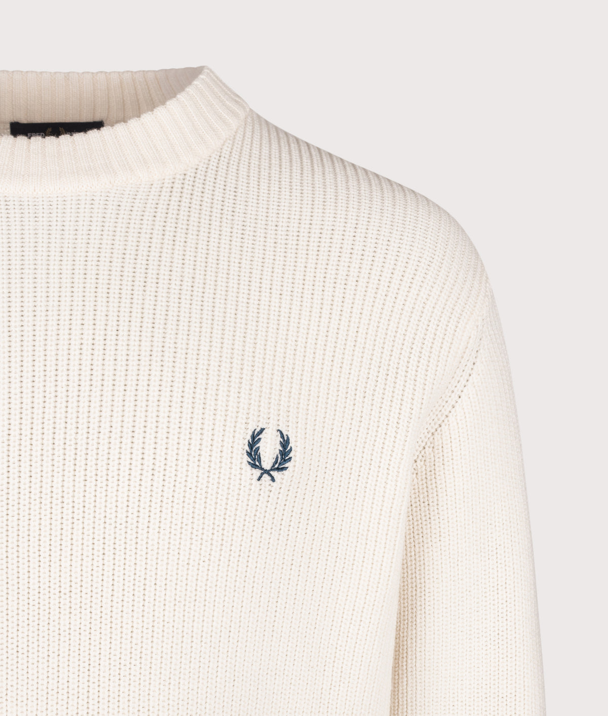 Fred Perry Regular Fit Fisherman Jumper in Ecru at EQVVS Menswear. Detail shot.