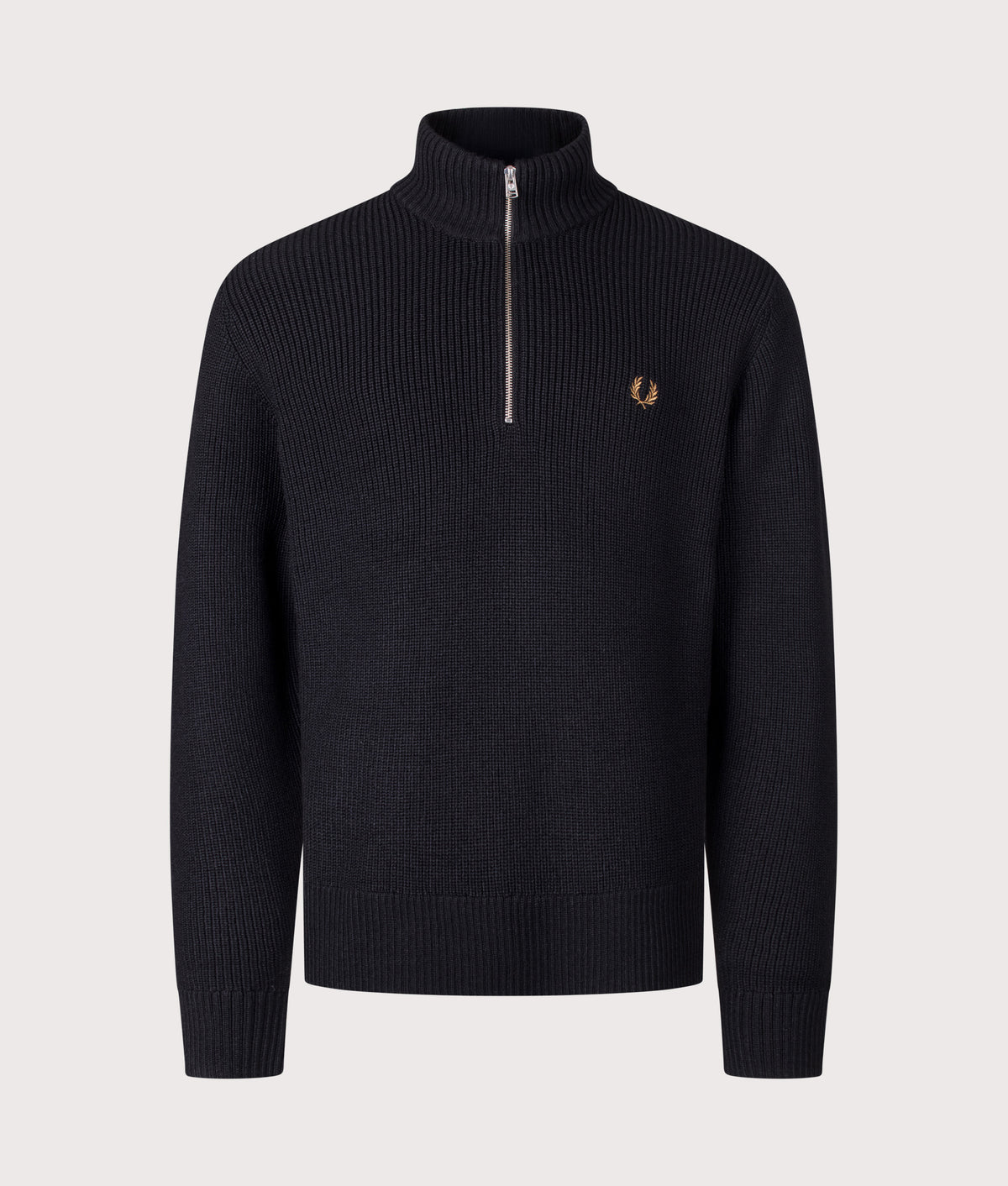 Fred Perry Regular Fit Fisherman Quarter Zip Jumper in Black at EQVVS Menswear. Front shot.