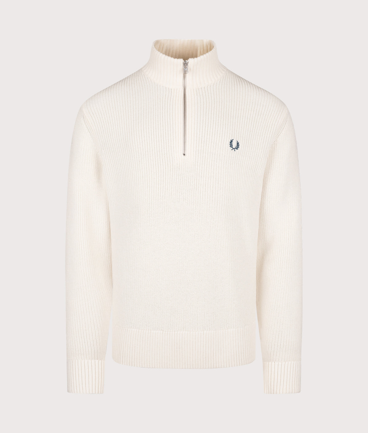 Fred Perry Regular Fit Fisherman Quarter Zip Jumper in Ecru at EQVVS Menswear. Front shot.
