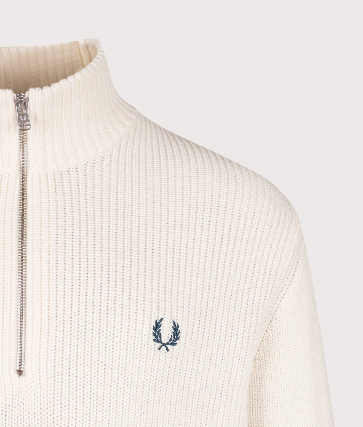 Fred Perry Regular Fit Fisherman Quarter Zip Jumper in Ecru at EQVVS Menswear. Detail shot.