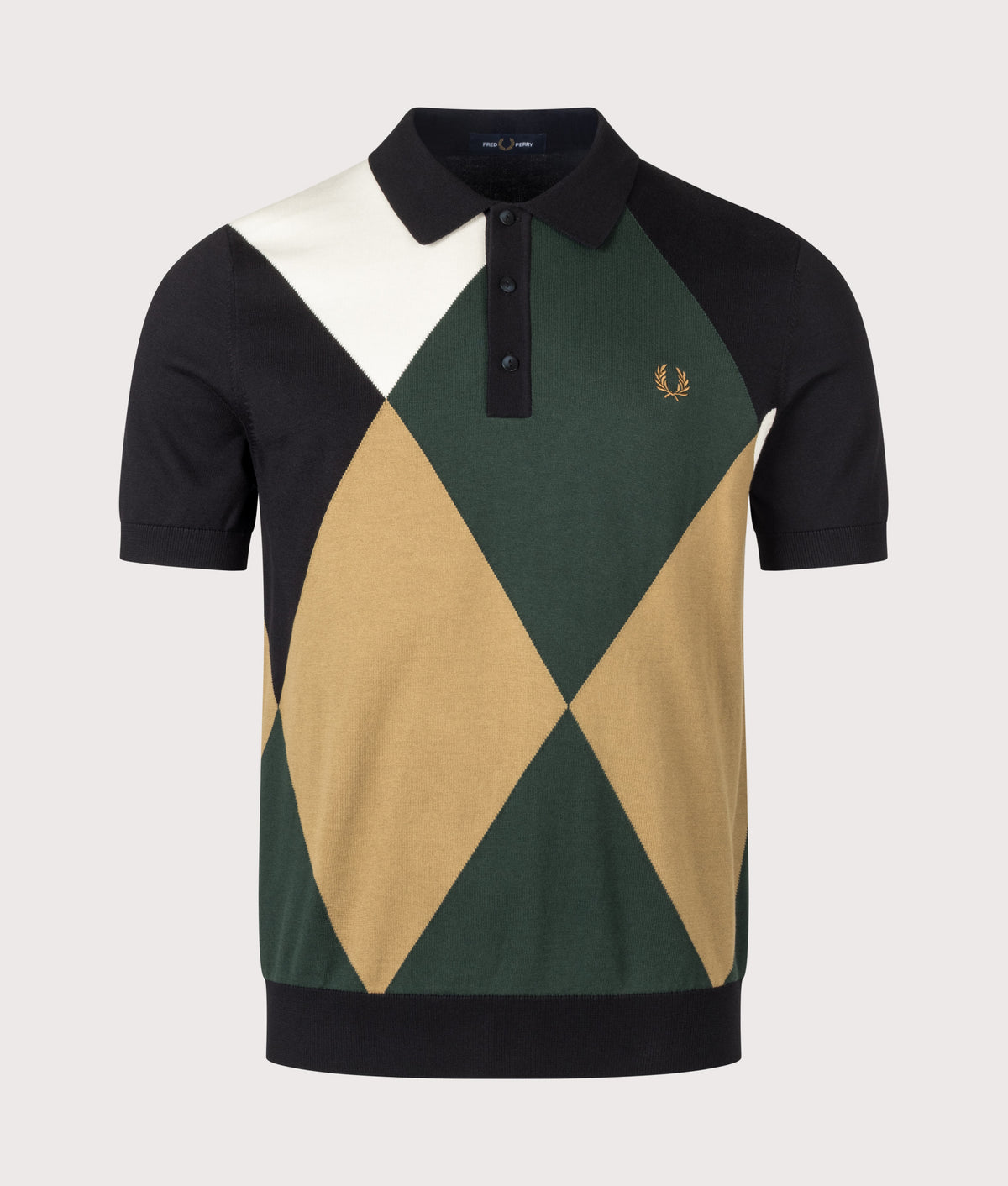 Fred Perry Regular Fit Offset Argyle Knitted Shirt in Black at EQVVS Menswear. Front shot.