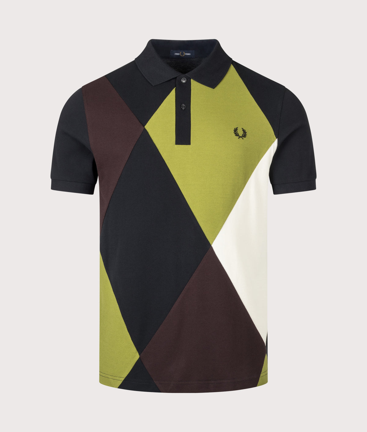 Fred Perry Regular Fit Offset Argyle Cut and Sew Polo Shirt in Black at EQVVS Menswear. Front shot.