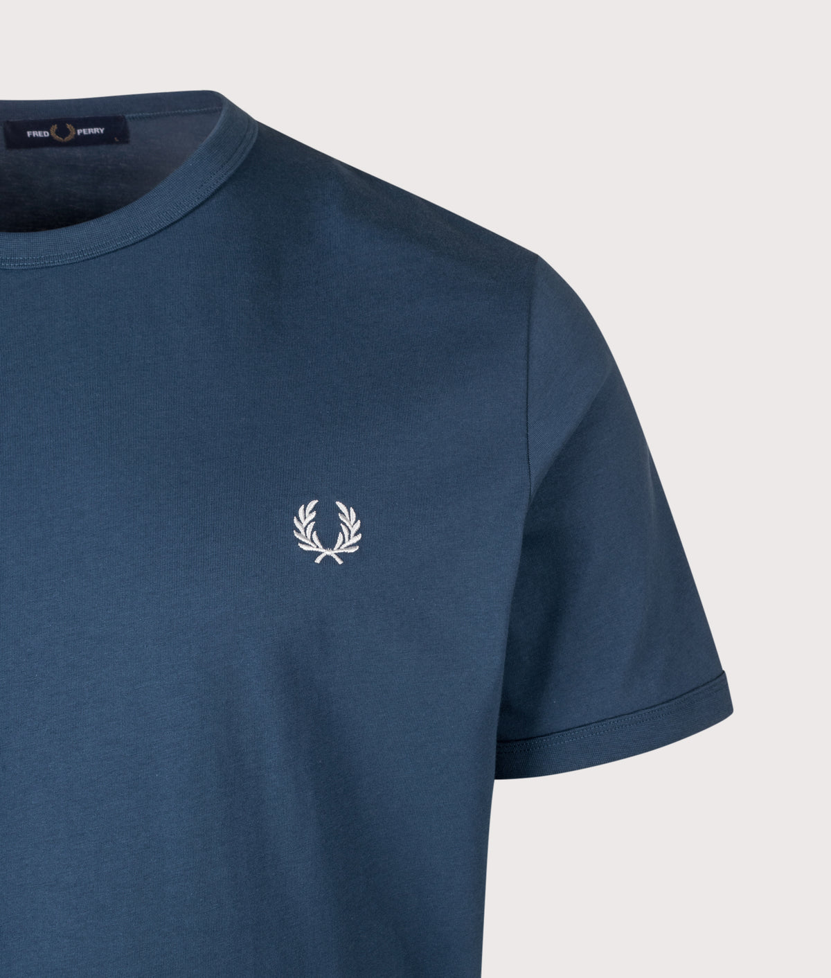 Fred Perry Regular Fit Ringer T-Shirt in  Mod Blue at EQVVS Menswear. Detail shot.