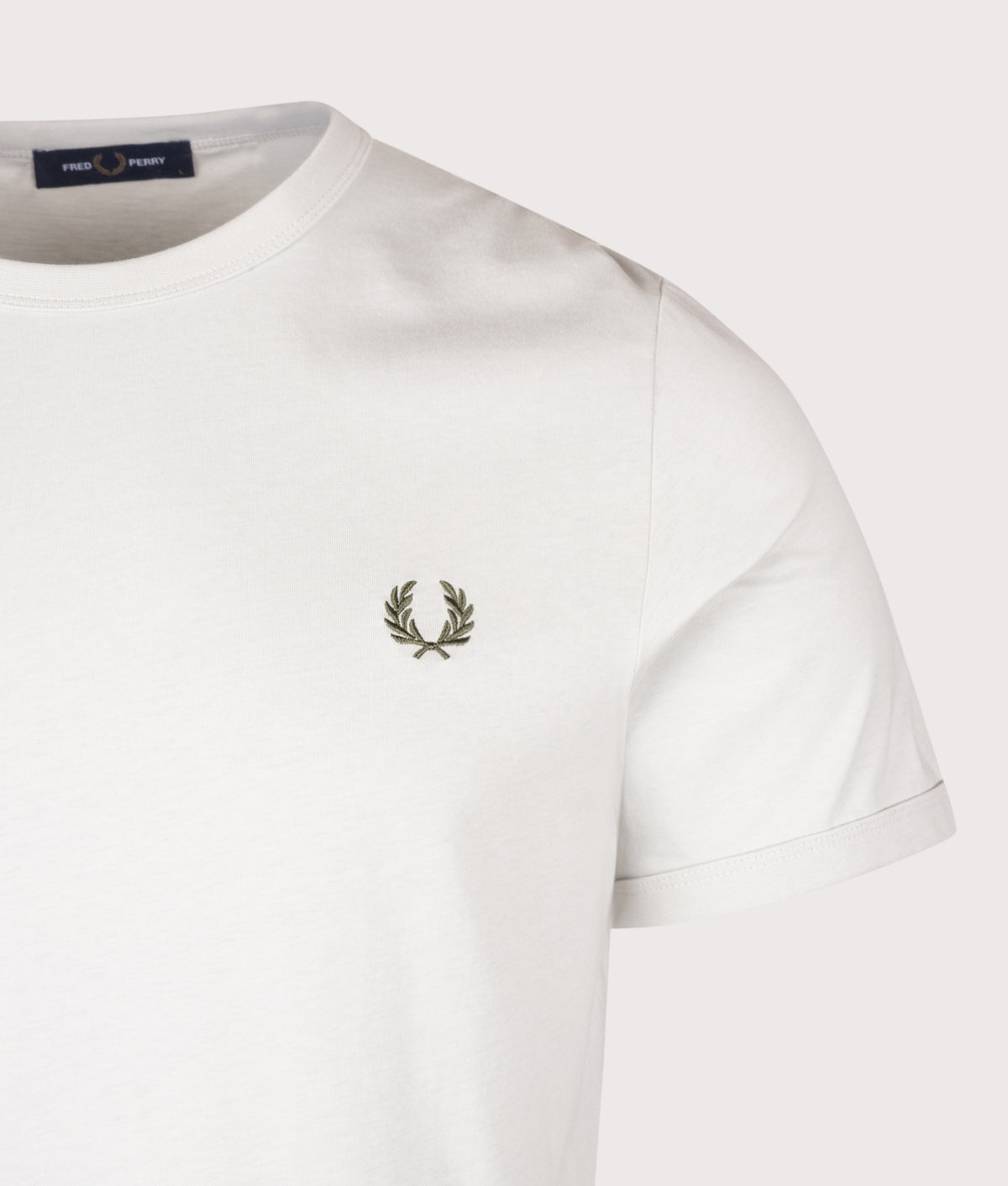Fred Perry Regular Fit Ringer T-Shirt in Slate at EQVVS Menswear. Detail shot.