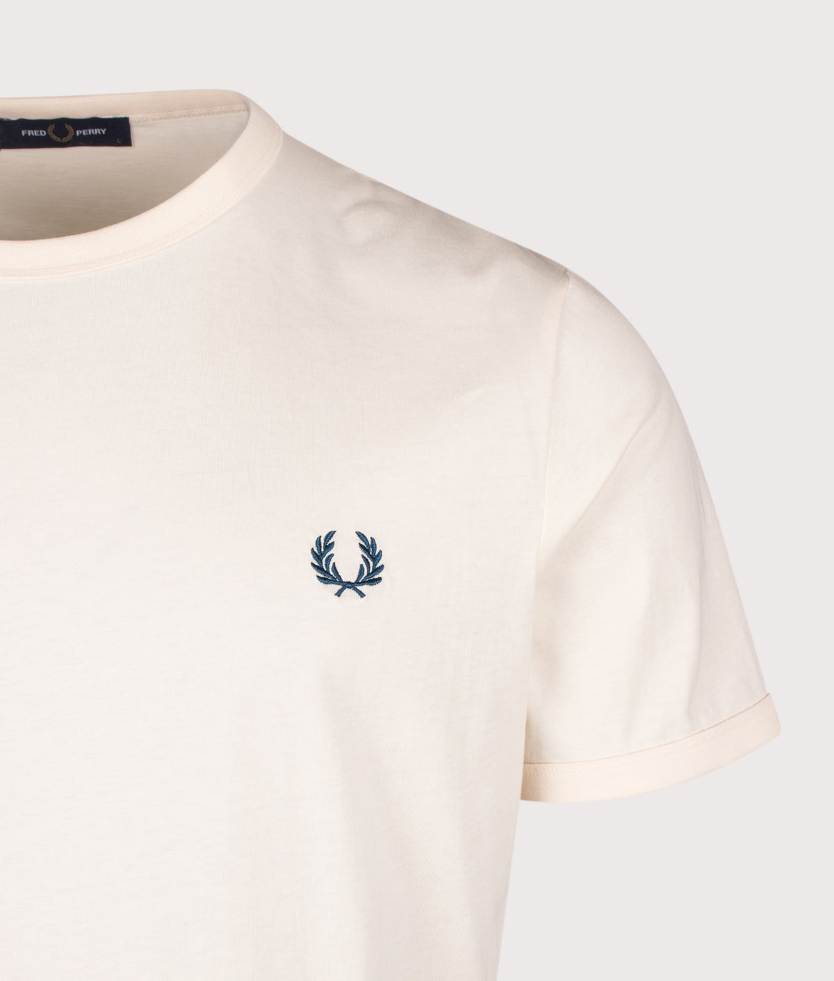 Fred Perry Regular Fit Ringer T-Shirt in Ecru at EQVVS Menswear. Detail shot.