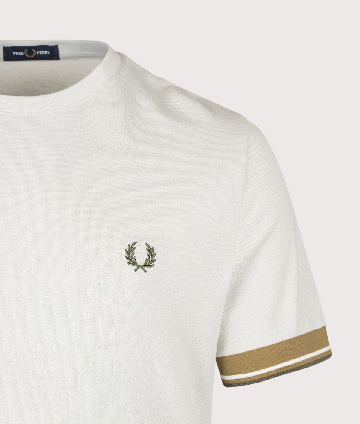 Fred Perry Regular Fit Twin Tipped Cuff T-Shirt in Slate at EQVVS Menswear. Detail shot.