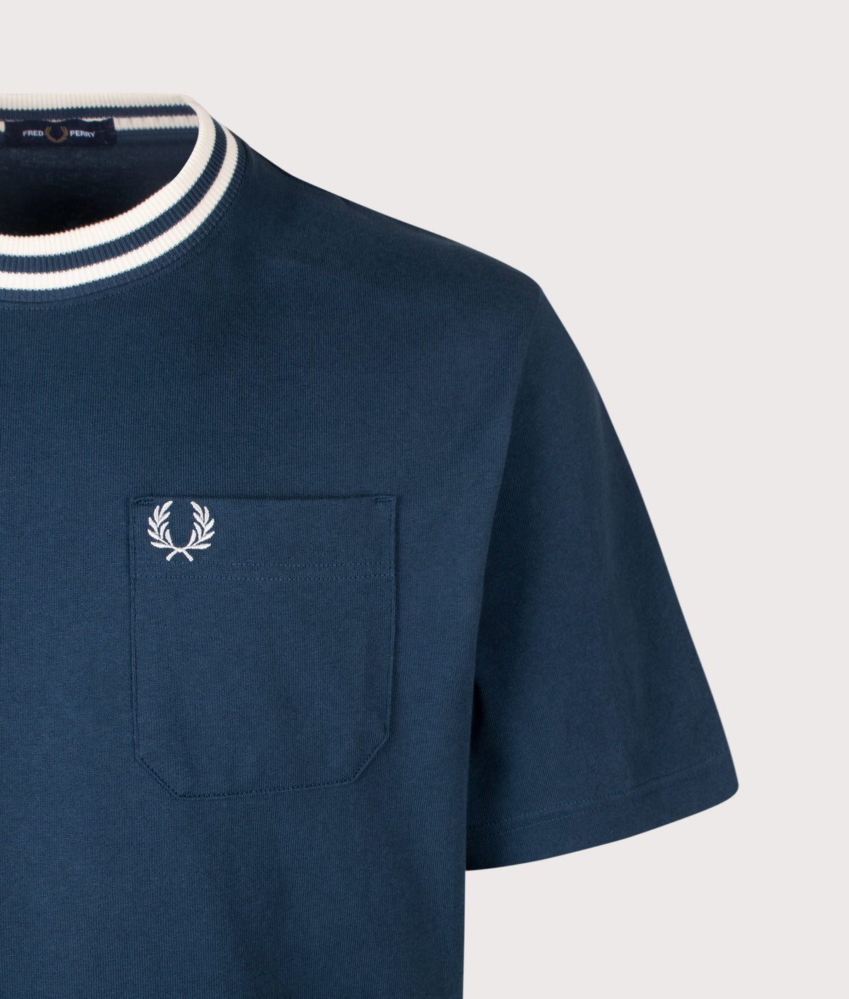 Fred Perry Relaxed Fit Bold Tipped T-Shirt  in Mod Blue at EQVVS Menswear. Detail shot.