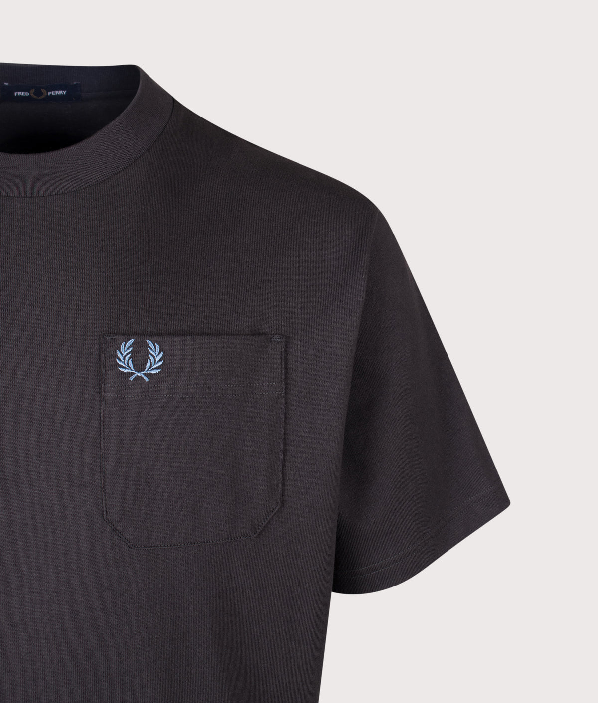 Fred Perry Relaxed Fit T-Shirt in Anchor Grey at EQVVS Menswear. Detail shot.