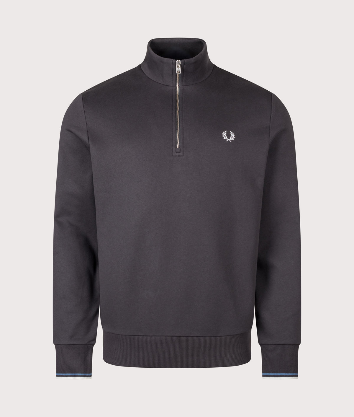 Fred Perry Regular Fit Quarter Zip Sweatshirt in Anchor Grey, Ace Blue and Slate at EQVVS Menswear. Front shot.
