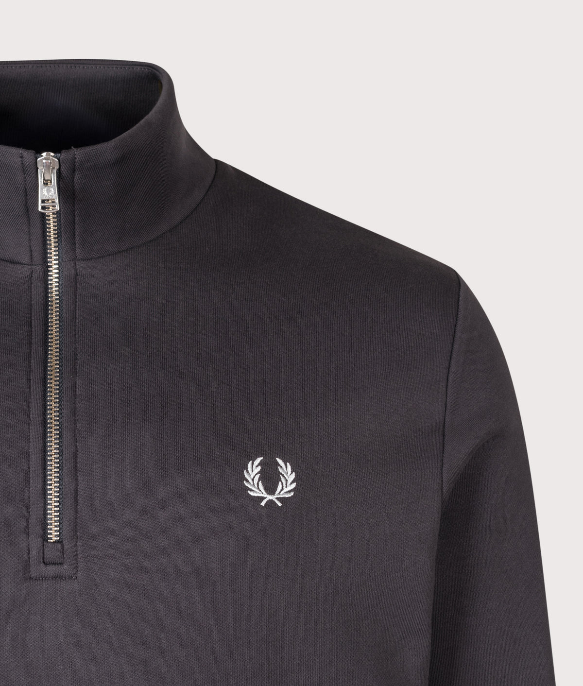 Fred Perry Regular Fit Quarter Zip Sweatshirt in Anchor Grey, Ace Blue and Slate at EQVVS Menswear. Detail shot.