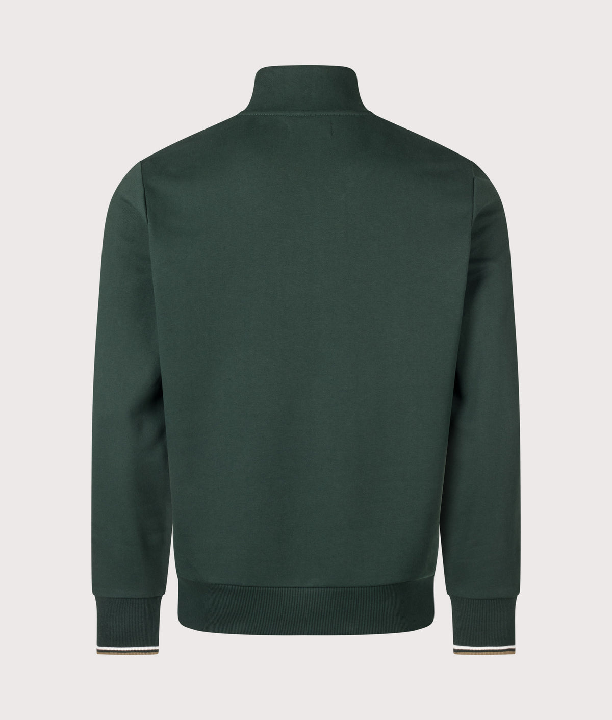 Fred Perry Regular Fit Quarter Zip Sweatshirt in Grassroots, Ecru and Bronze at EQVVS Menswear. Back shot.