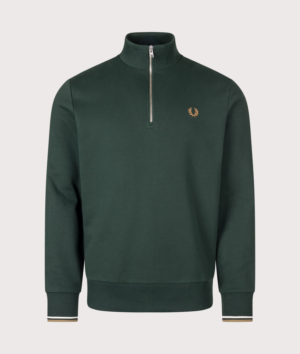 Fred Perry Regular Fit Quarter Zip Sweatshirt in Grassroots, Ecru and Bronze at EQVVS Menswear. Front shot.