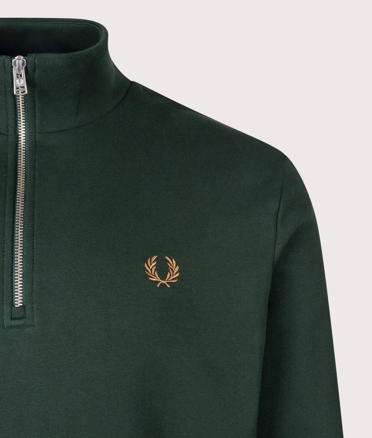 Fred Perry Regular Fit Quarter Zip Sweatshirt in Grassroots, Ecru and Bronze at EQVVS Menswear. Detail shot.