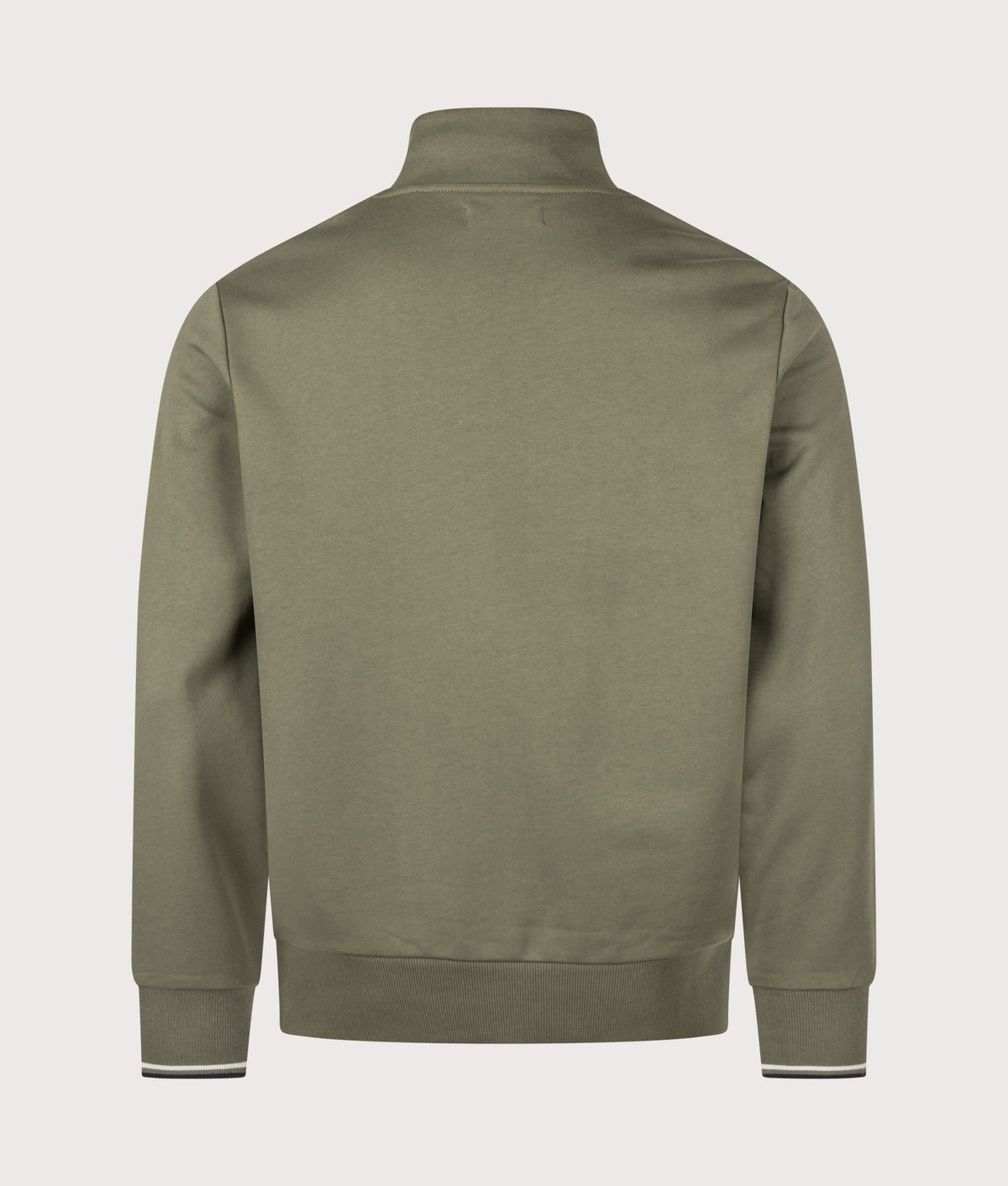 Fred Perry Regular Fit Quarter Zip Sweatshirt in Laurel Wreath Green, Slate and Navy at EQVVS Menswear. Back shot.