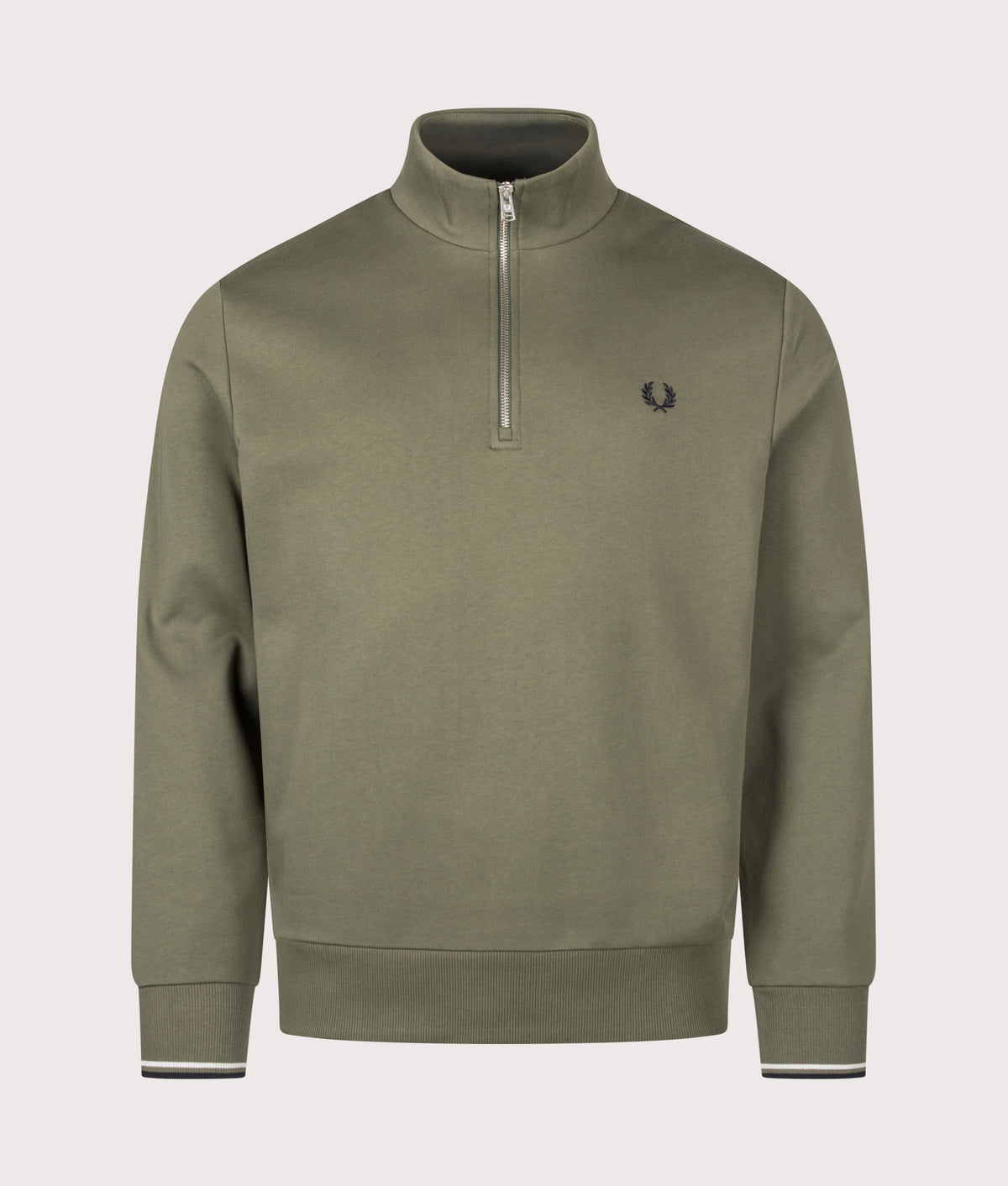Fred Perry Regular Fit Quarter Zip Sweatshirt in Laurel Wreath Green, Slate and Navy at EQVVS Menswear. Front shot.