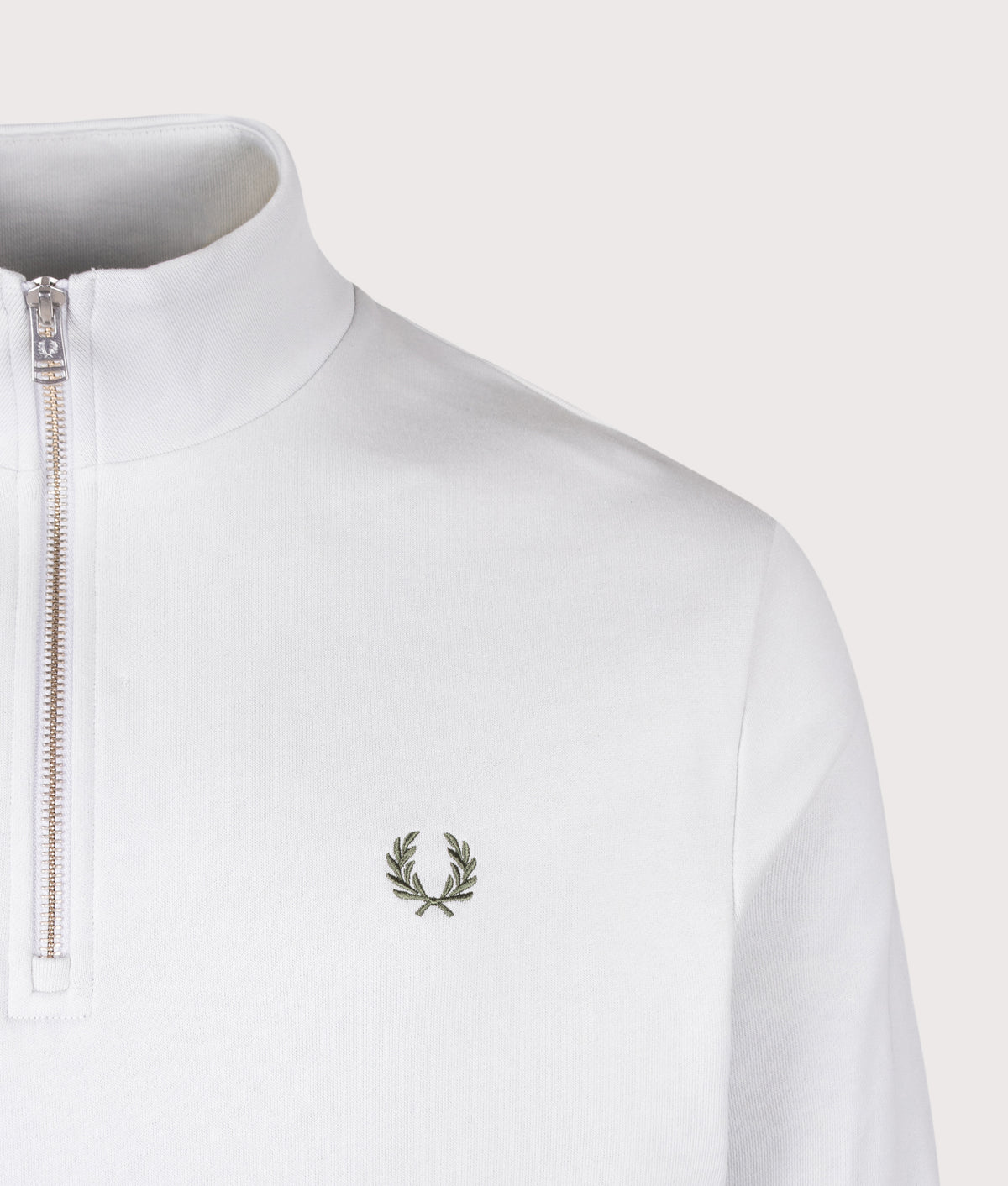 Fred Perry Regular Fit Quarter Zip Sweatshirt in Slate and Laurel Wreath Green at EQVVS Menswear. Detail shot.