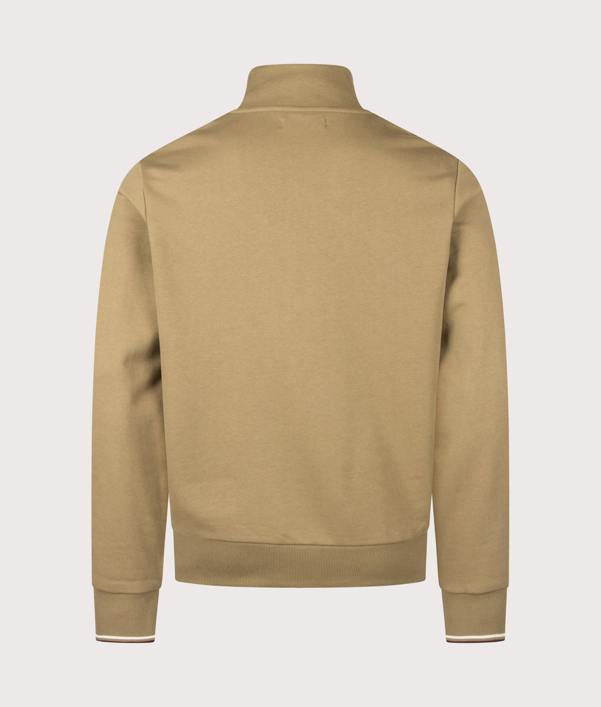 Fred Perry Regular Fit Quarter Zip Sweatshirt in Bronze, Ecru and Oxblood at EQVVS Menswear. Back shot.