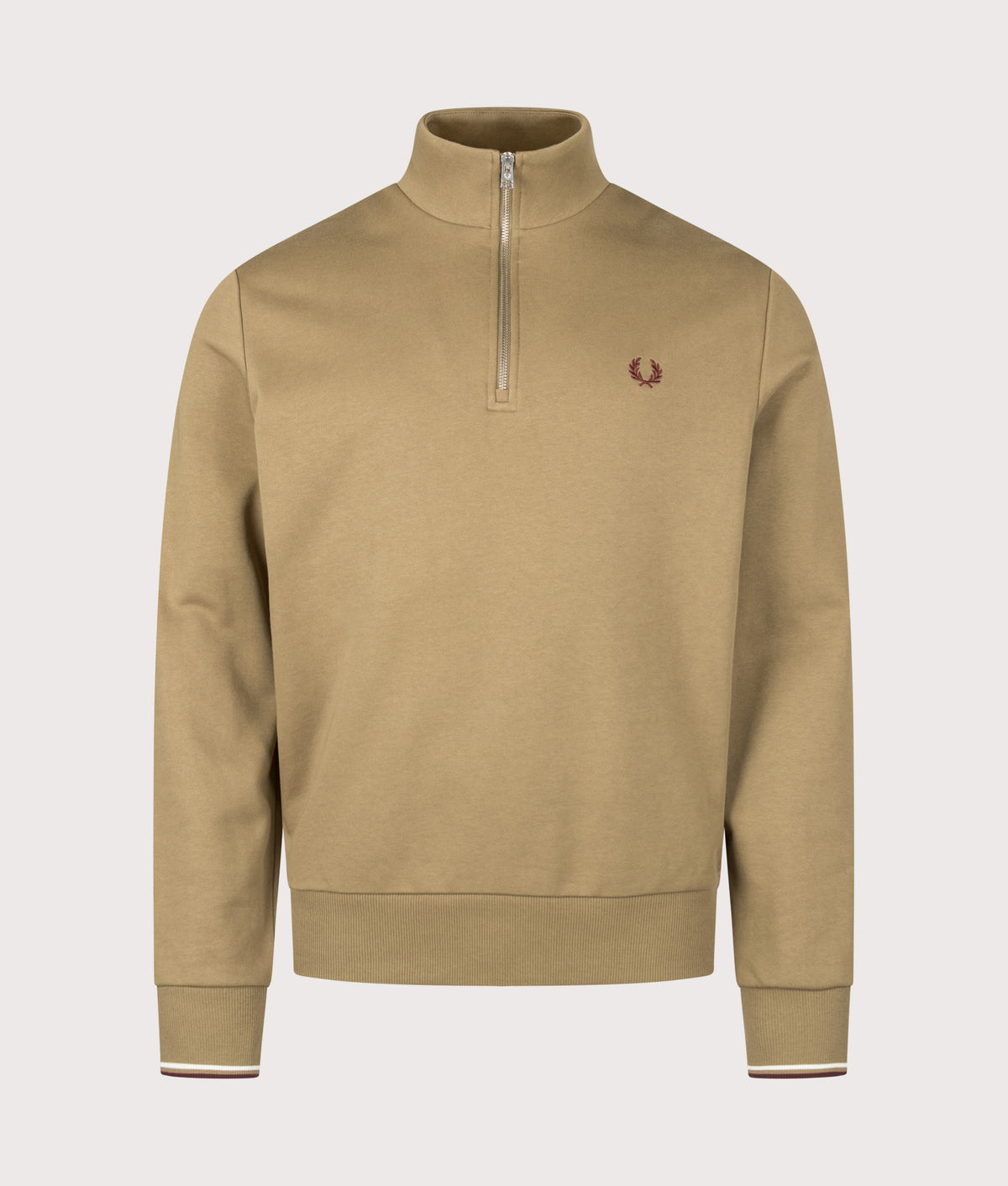 Fred Perry Regular Fit Quarter Zip Sweatshirt in Bronze, Ecru and Oxblood at EQVVS Menswear. Front shot.