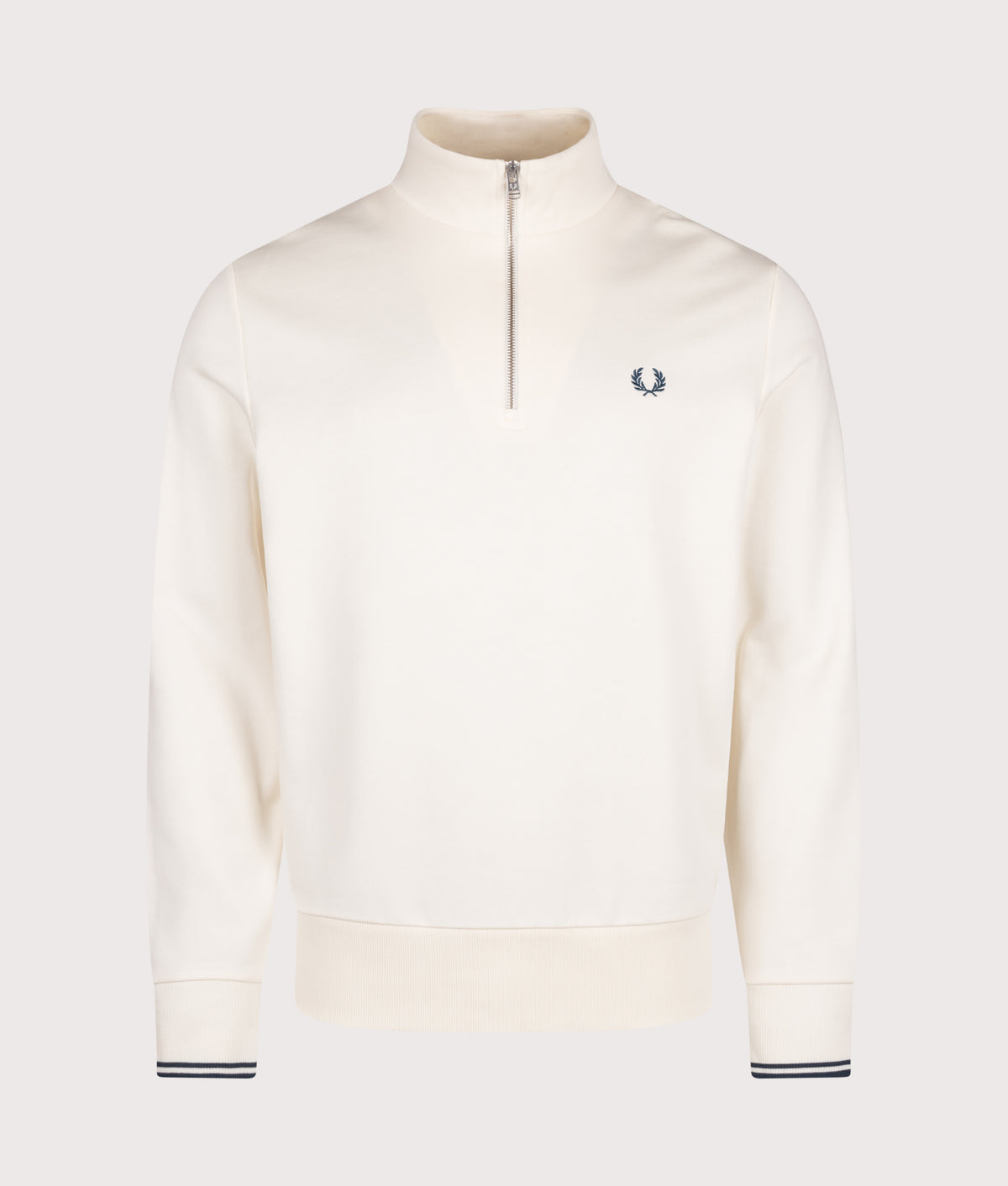 Fred Perry Regular Fit Quarter Zip Sweatshirt in Ecru and Mod Blue at EQVVS Menswear. Front shot.