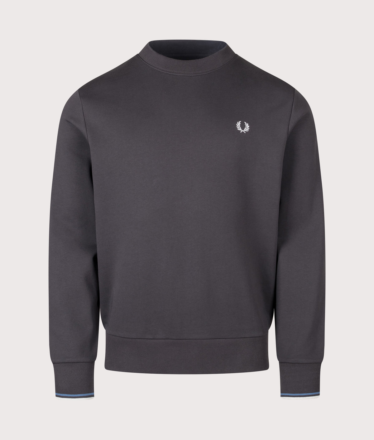 Fred Perry Regular Fit Crew Neck Sweatshirt in Anchor Grey, Ace Blue and Slate at EQVVS Menswear. Front shot.