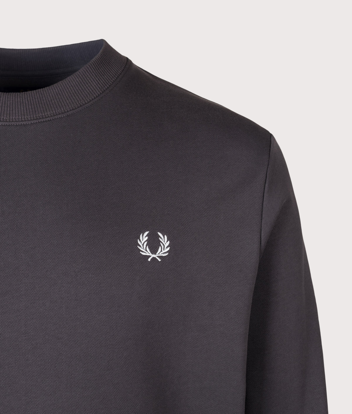Fred Perry Regular Fit Crew Neck Sweatshirt in Anchor Grey, Ace Blue and Slate at EQVVS Menswear. Detail shot.