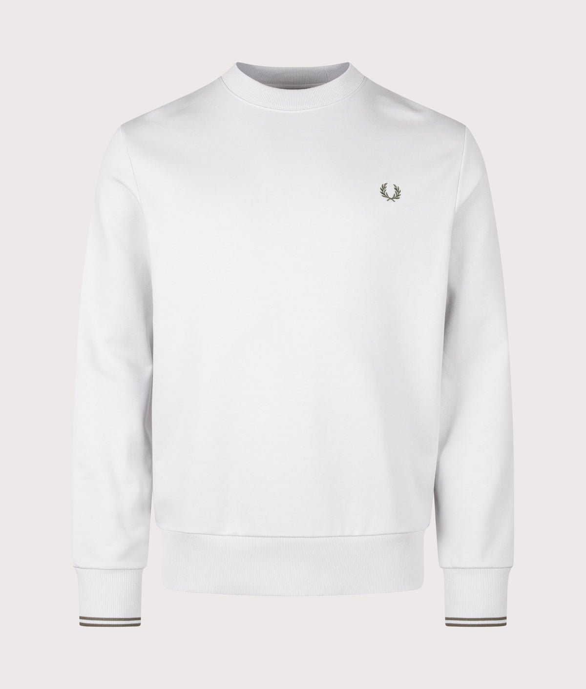 Fred Perry Regular Fit Crew Neck Sweatshirt in Slate and Laurel Wreath Green at EQVVS Menswear. Front shot.