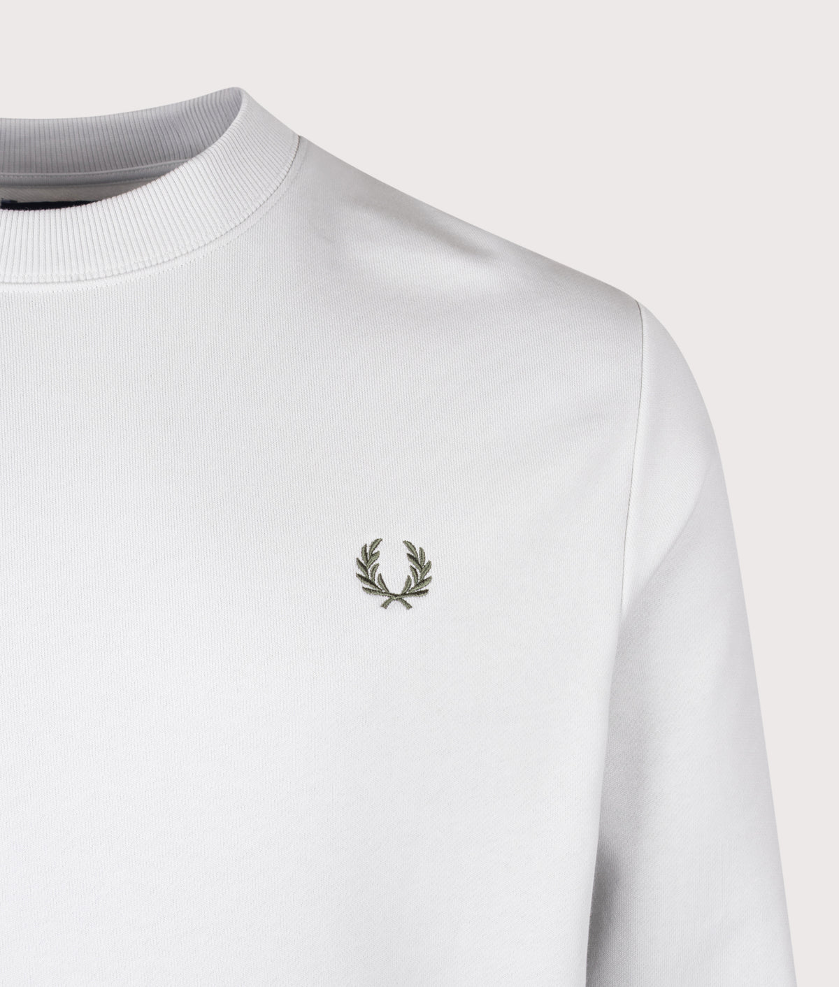 Fred Perry Regular Fit Crew Neck Sweatshirt in Slate and Laurel Wreath Green at EQVVS Menswear. Detail shot.