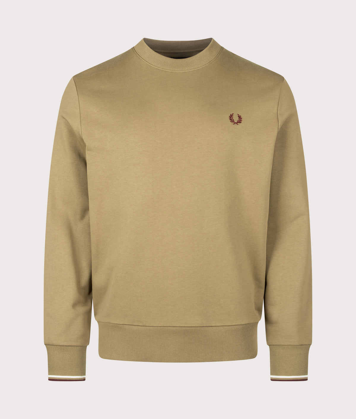 Fred Perry Regular Fit Crew Neck Sweatshirt in Bronze, Ecru and Oxblood at EQVVS Menswear. Front shot.