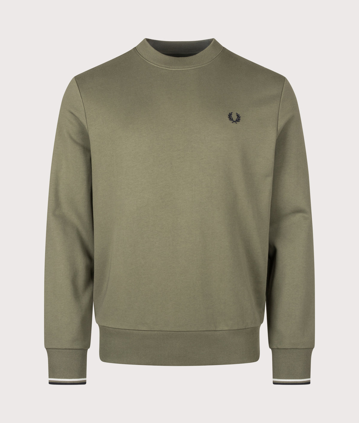 Fred Perry Regular Fit Crew Neck Sweatshirt in Laurel Wreath Green, Slate and Navy at EQVVS Menswear. Front shot.