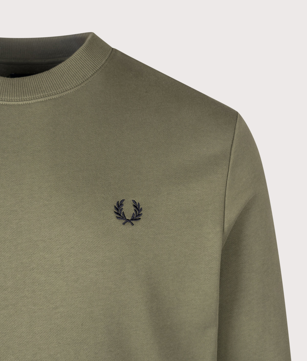 Fred Perry Regular Fit Crew Neck Sweatshirt in Laurel Wreath Green, Slate and Navy at EQVVS Menswear. Detail shot.
