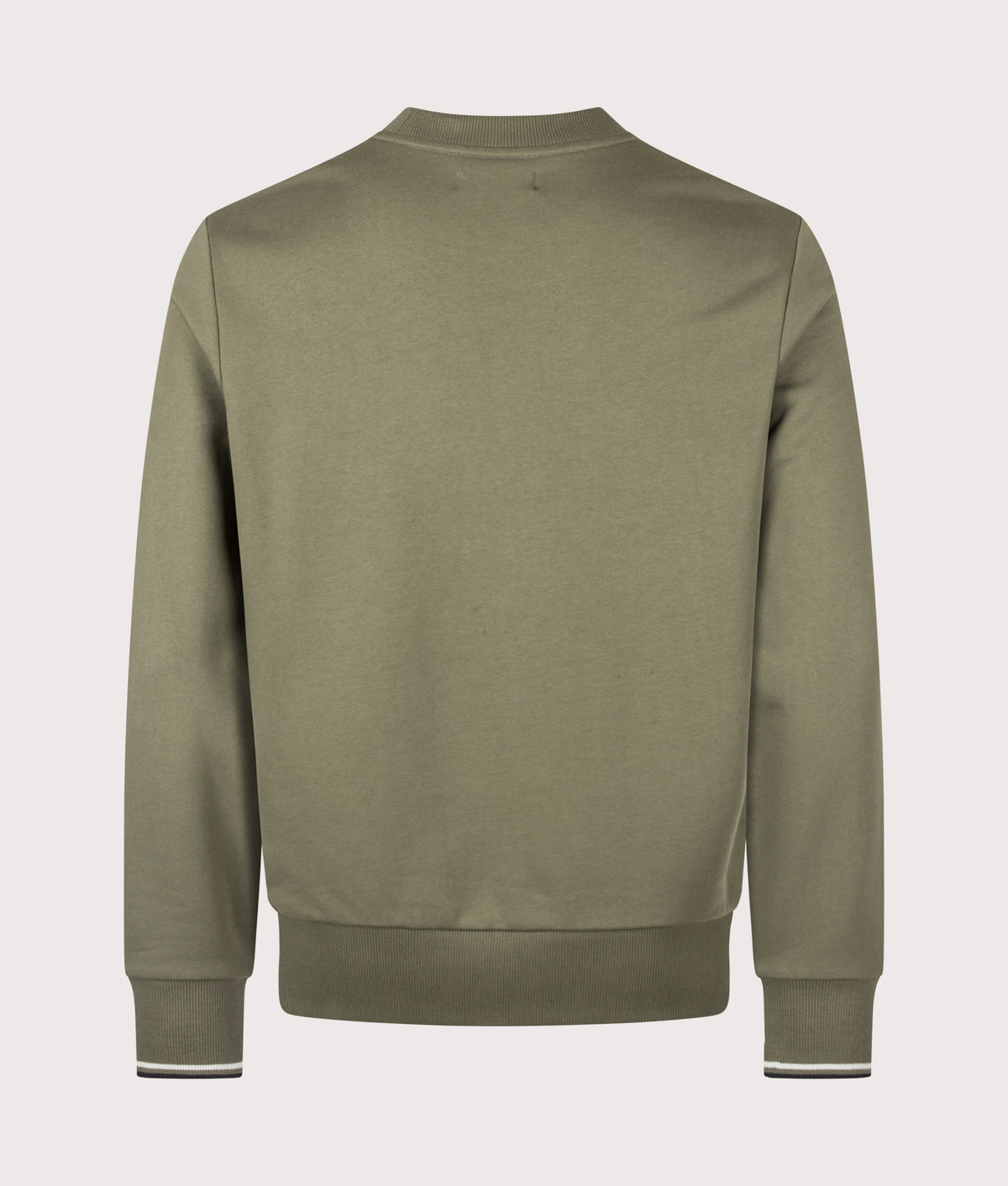 Fred Perry Regular Fit Crew Neck Sweatshirt in Laurel Wreath Green, Slate and Navy at EQVVS Menswear. Back shot.