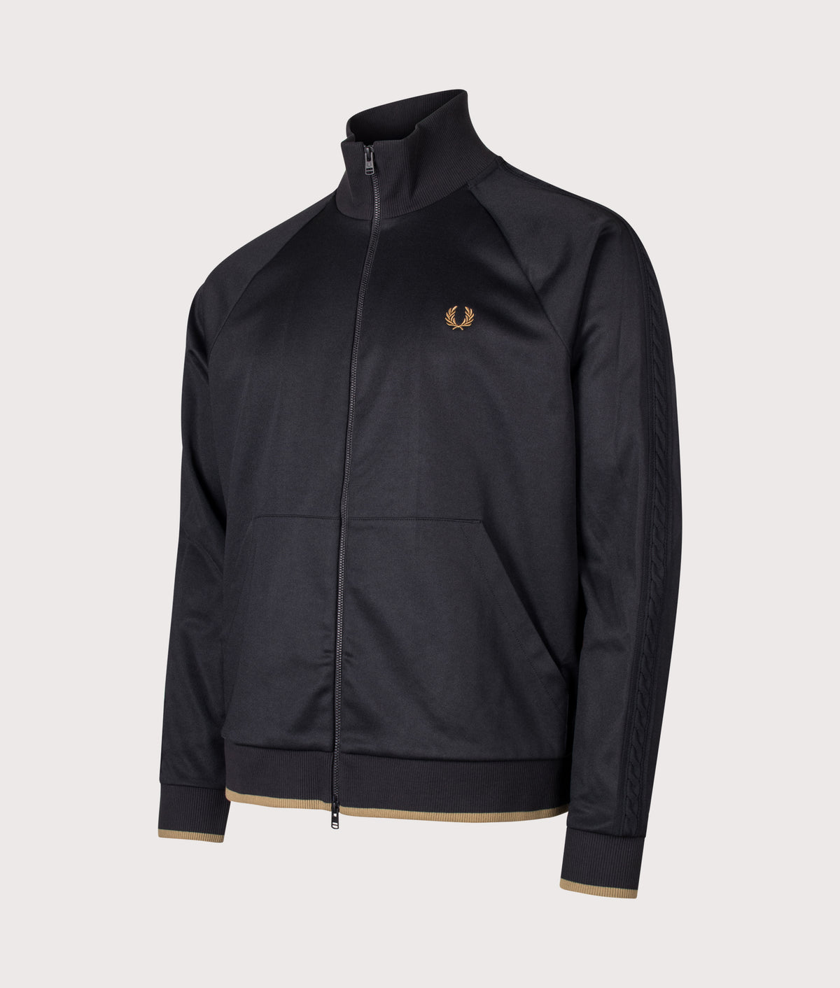 Fred Perry Regular Fit Cable Tape Track Jacket in Black at EQVVS Menswear. Angled front shot.