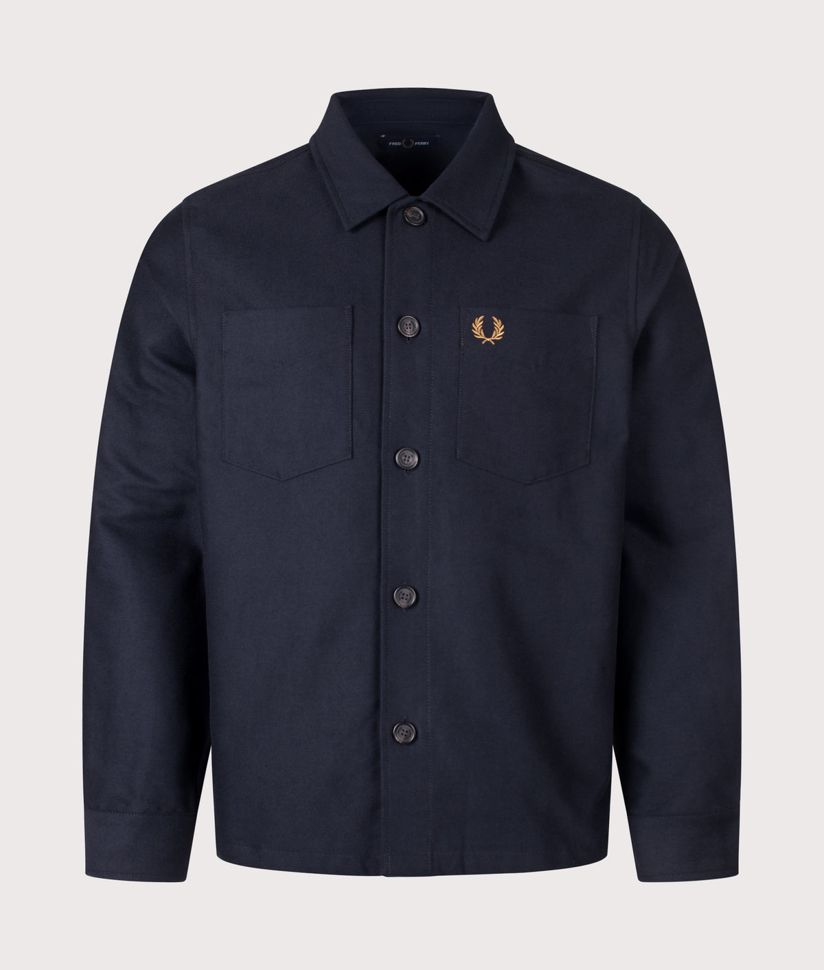 Fred Perry Regular Fit Brushed Twill Overshirt in Navy at EQVVS Menswear. Front shot.