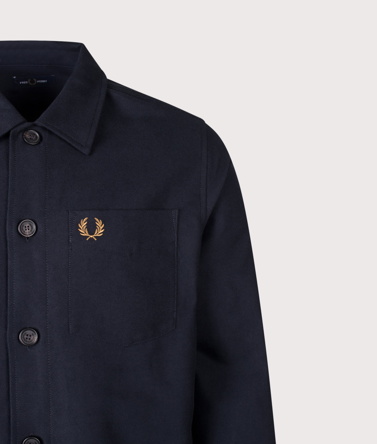 Fred Perry Regular Fit Brushed Twill Overshirt in Navy at EQVVS Menswear. Detail shot.