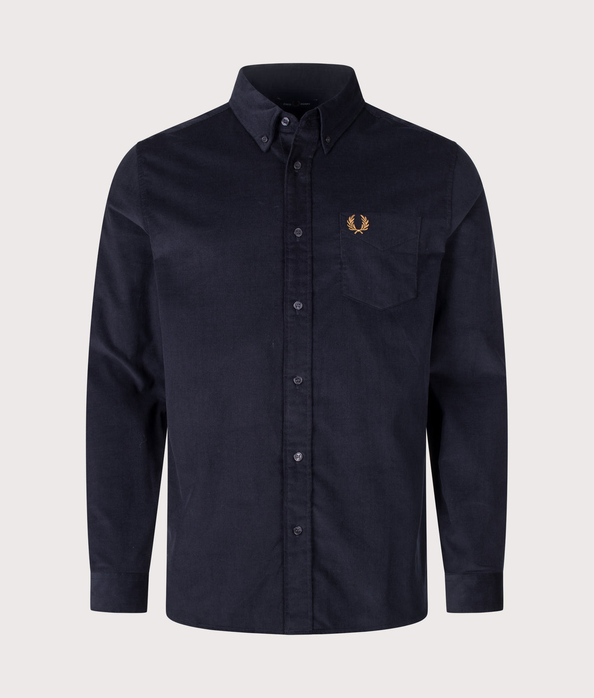 Fred Perry Regular Fit Needle Cord Shirt in Navy at EQVVS Menswear. Front shot.